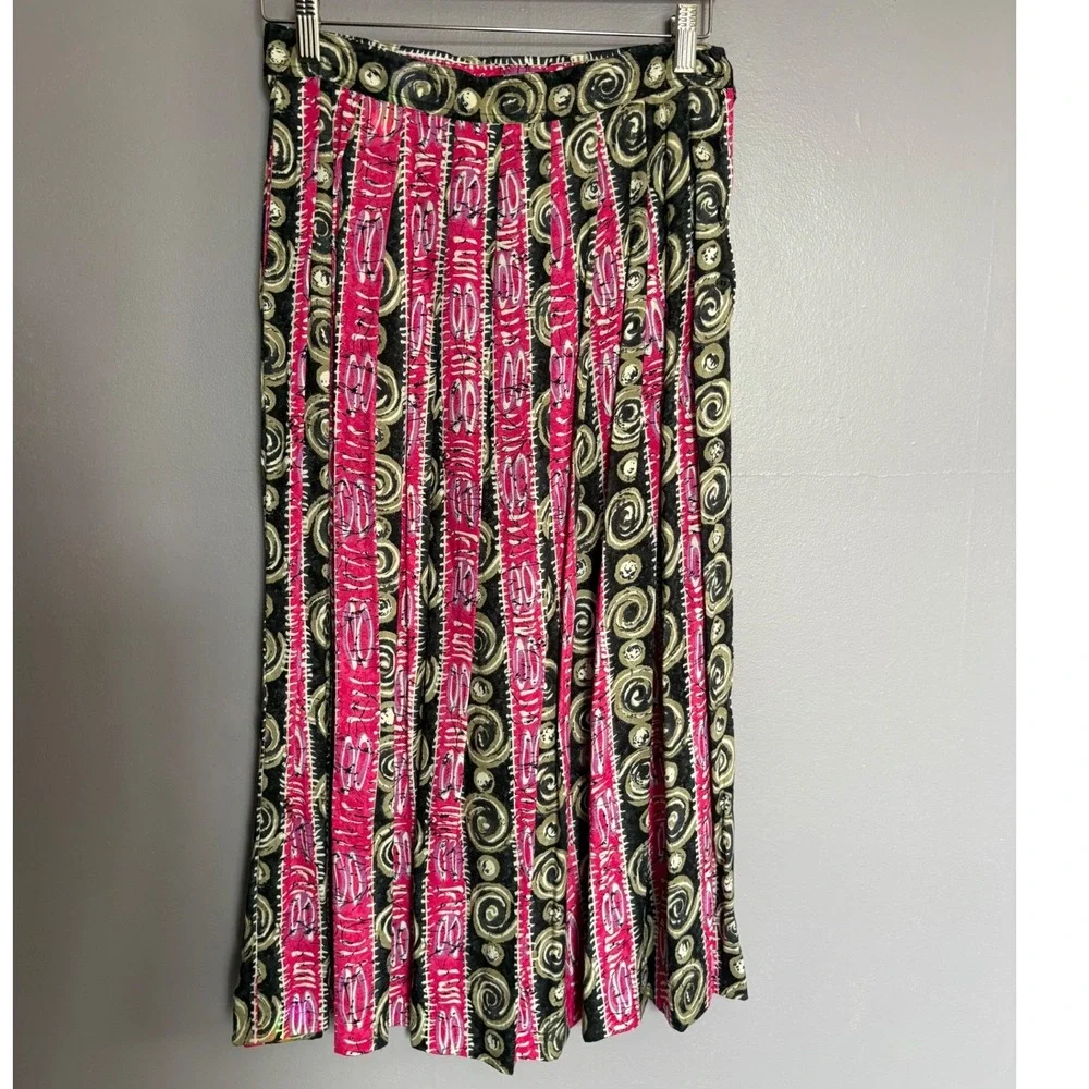 Vintage Segue Pink Abstract Swirl Pleated‎ Midi Skirt High Waisted Small Boho